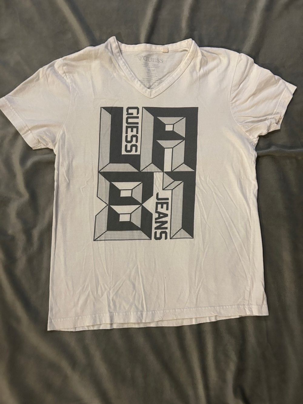 Guess White Short Sleeve V-Neck Tee with grey Graphic